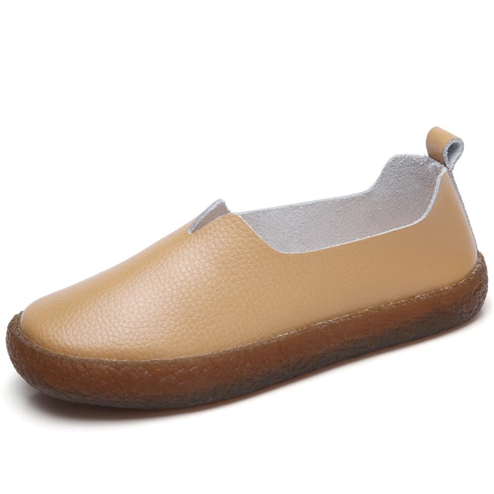 Cooga Women's Classic Leather Flats Slip On Memory Foam Cushioned Casual Walking Shoes Brown 9 B(M)