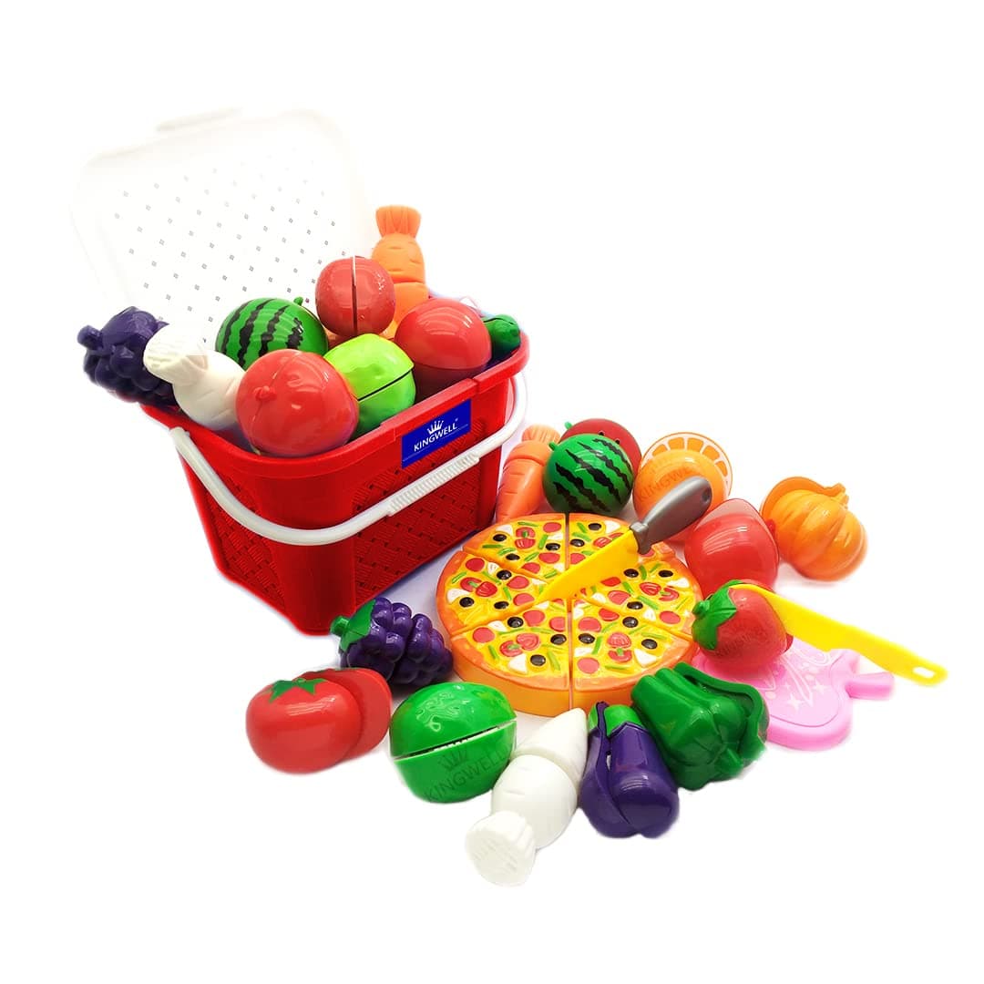 Kingwell Realistic Sliceable Cutting Fruits and Vegetables Play Educational Toys with Basket and Pizza Set for Kids,Plastic,Red