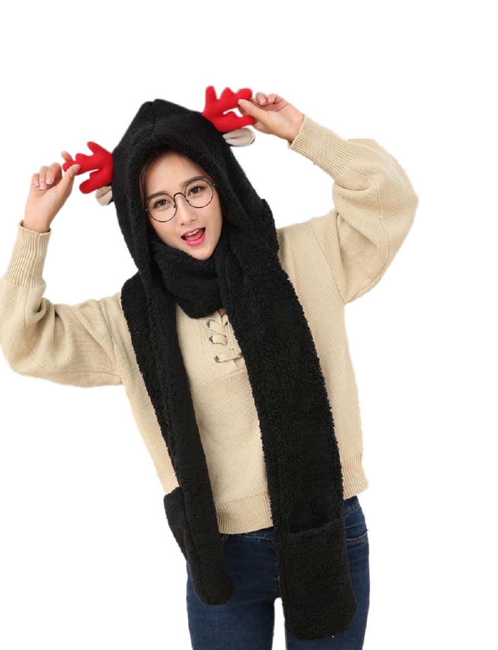 FeelMeStyle Women's Winter Warm Hooded Scarf with Mittens 3-in-1 Hat Scarf Glove