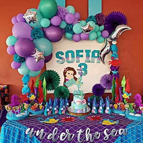 Mermaid Tail Balloons Arch Garland Kit - Ocean Themed Party Decorations, Supplies - Teal, Purple Balloon Decor, Cake Topper, Under the Sea Banner- DIY Decorating Set for Birthdays