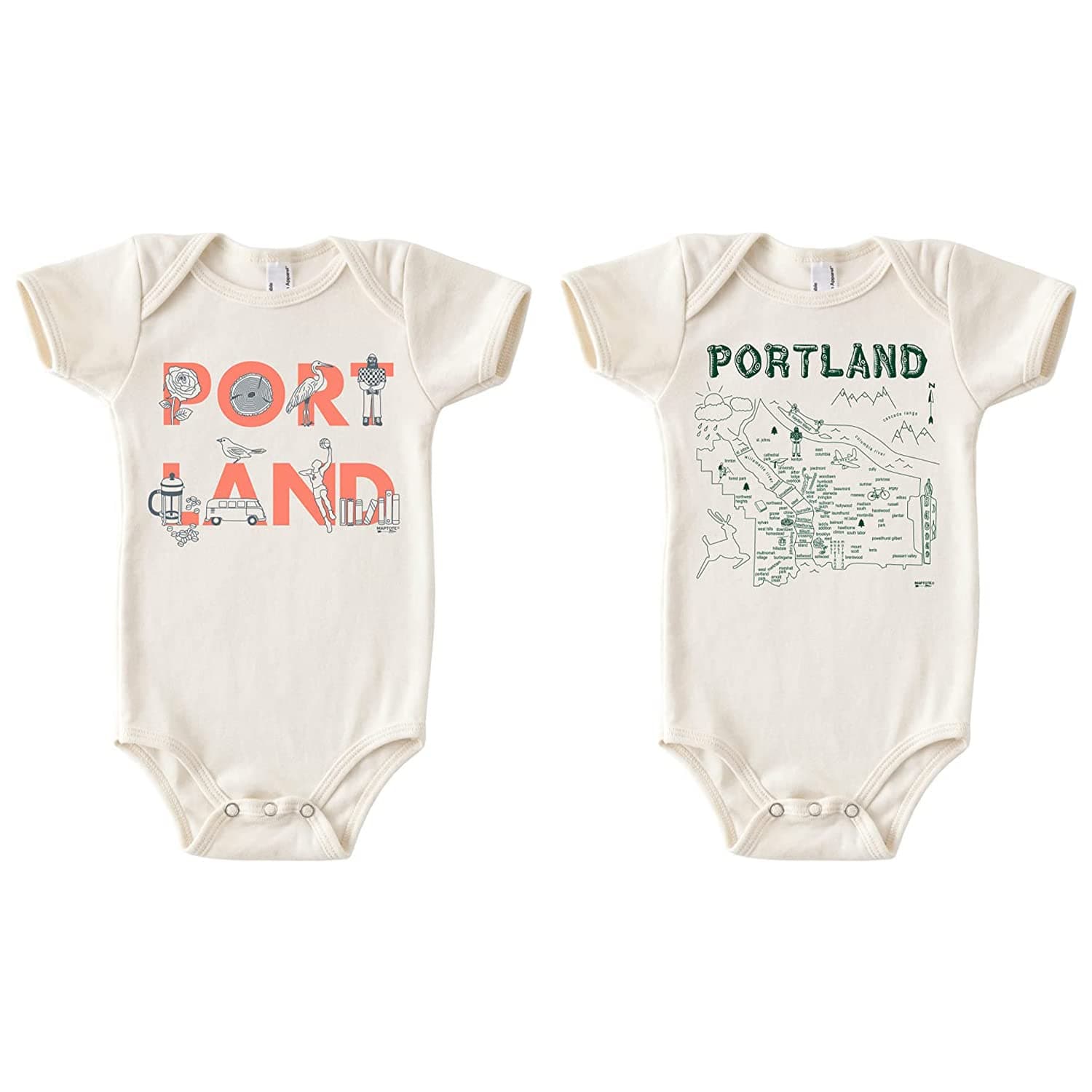 MAPTOTEFont and Map One Piece-Unisex Baby Organic Cotton Short Sleeve Bodysuits (Portland, 6-12 Months)