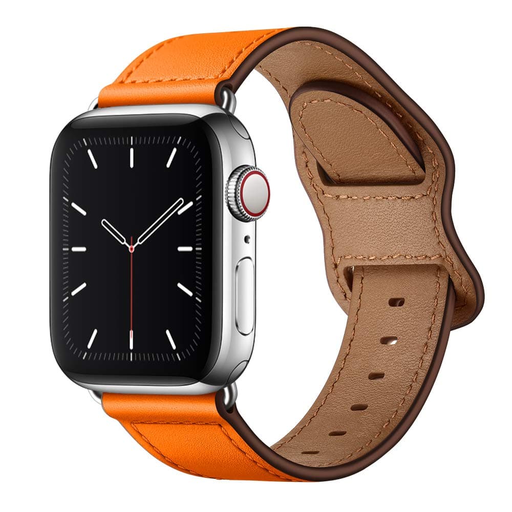 KYISGOS Compatible with iWatch Band 41mm 40mm 38mm 45mm 44mm 42mm, Genuine Leather Replacement Band Strap Compatible with Apple Watch SE Series 7 6 5 4 3 2 1 (Orange/Silver, 41mm/40mm/38mm)
