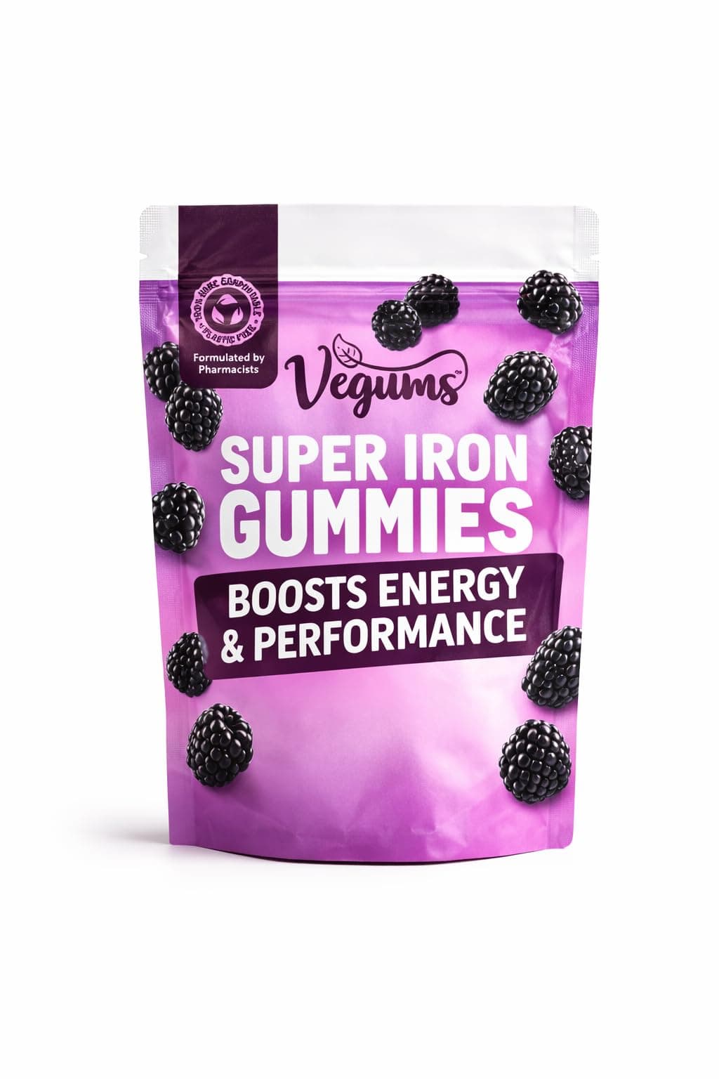 Vegums Iron Gummies | Vegan Friendly Gummy Vitamins | 30 BlackBerry Flavoured Chewable Iron Supplements for All The Family | Suitable for Vegans and Vegetarians