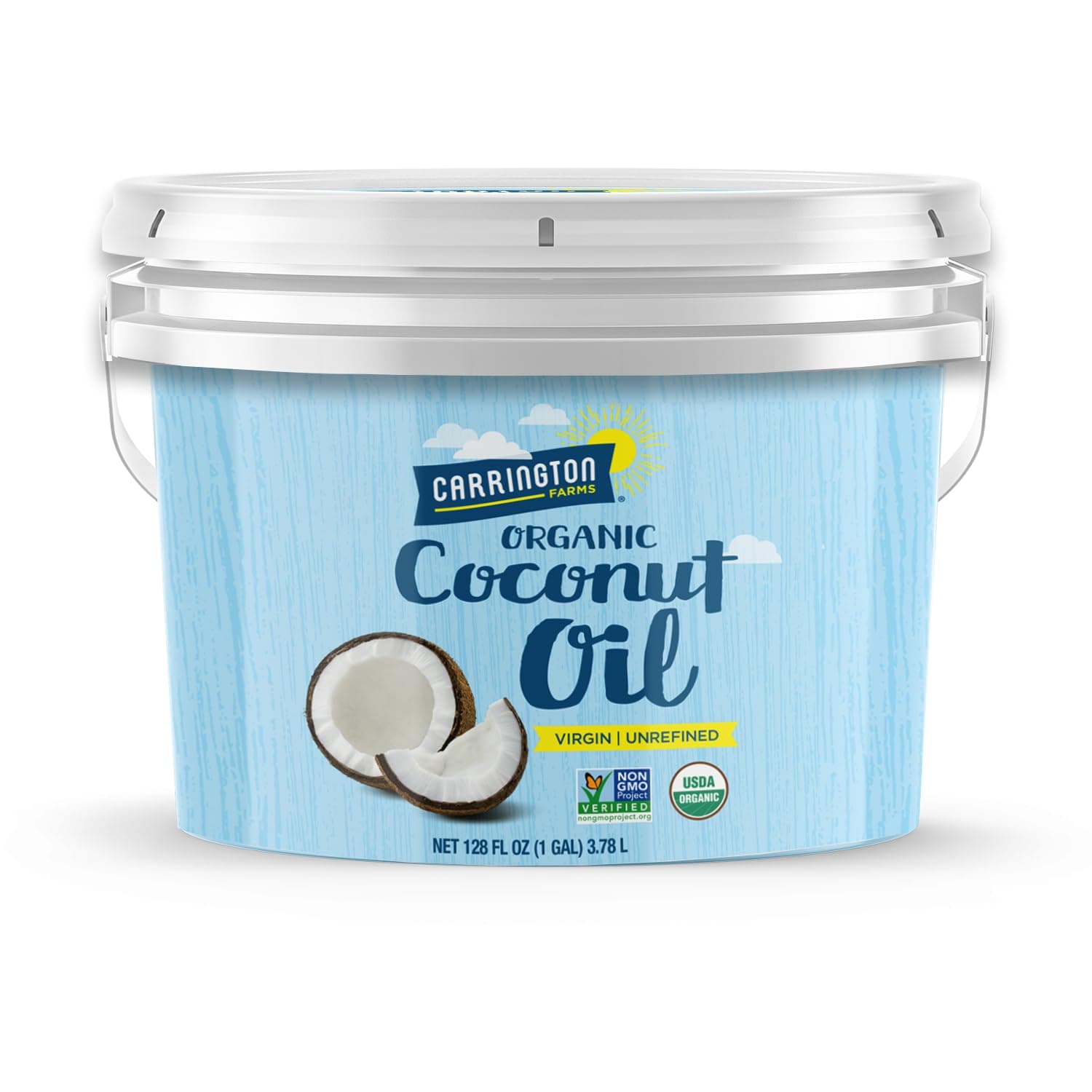Carrington Farms Organic Virgin Coconut Oil – 1 Gallon (128 fl oz) – Cold Pressed, Unrefined, Gluten-Free, Non-GMO – USDA Organic Coconut Oil for Cooking, Baking, Skin, Hair & Nails – BPA-Free Jar