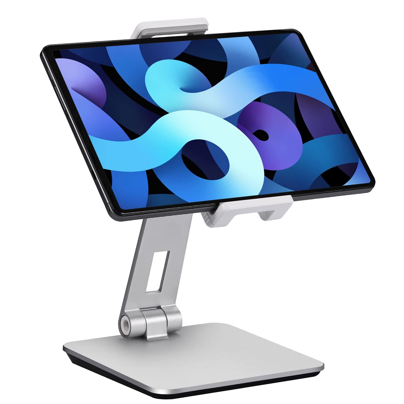 Tablet Stand Adjustable & Foldable, 360° Swivel Heavy Aluminium Tablet Holder for Desk, Compatible with iPad Pro/Air/Mini, Galaxy Tab, Surface Pro, Kindle Fire (7-13") (Silver)