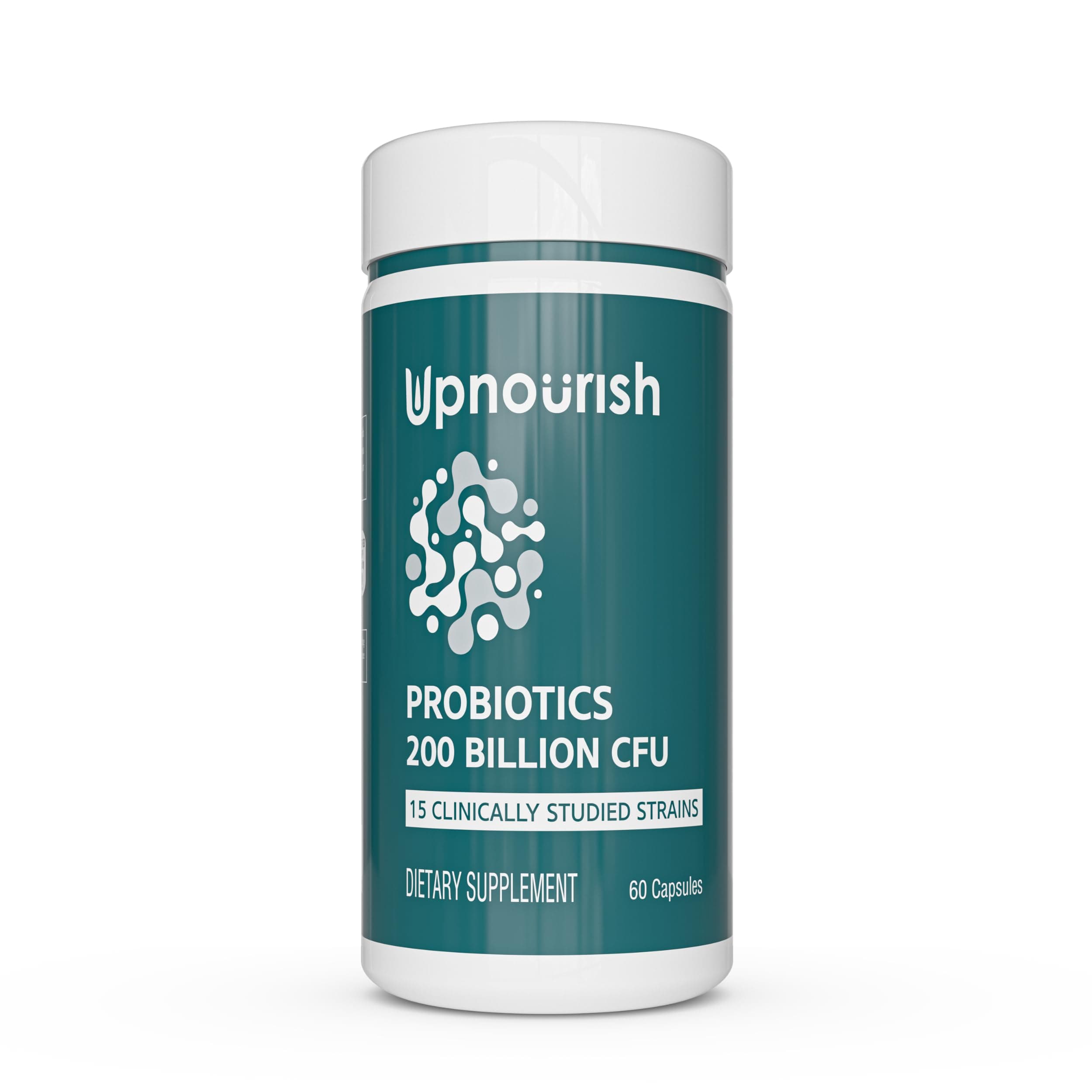 UpNourish Probiotics - 200 Billion CFUs for Men and Women, 15 Clinically Studied Strains, Prebiotics & Enzymes - 60 Vegan Capsules