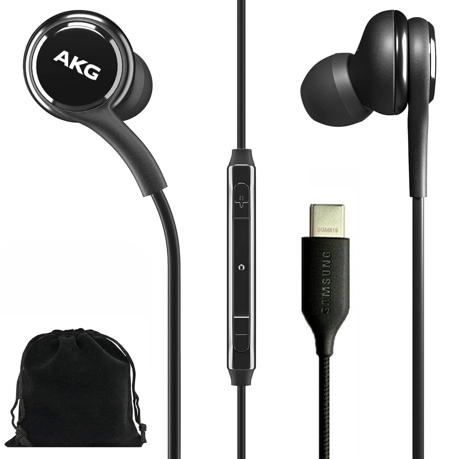 AKG Earbuds Original USB Type C in-Ear Earbud Headphones with Remote & Mic for Galaxy A53 5G, S22, S21 FE, S20 Ultra, Note 10, Note 10+, S10 Plus - Braided - Includes Velvet Pouch - Black