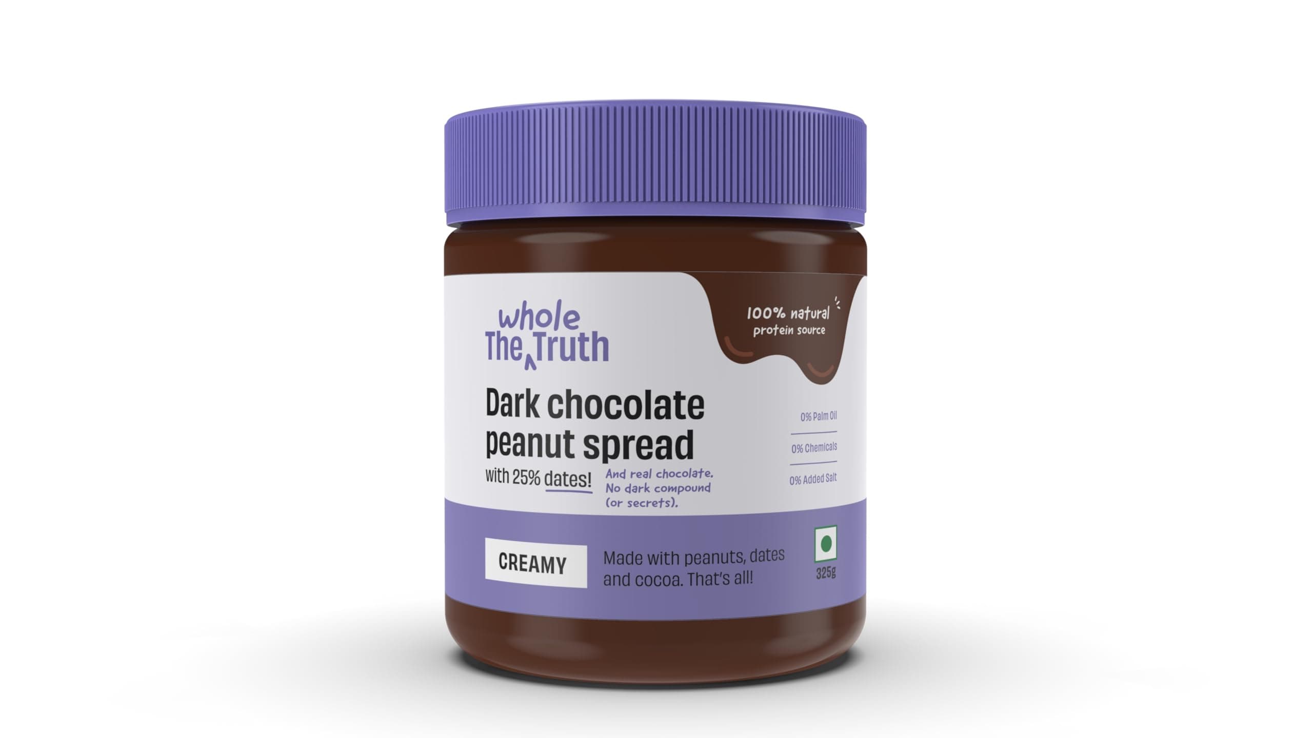 Dark Chocolate Peanut Spread 325 g Creamy No Added Sugar No Artificial Sweeteners Gluten Free No Preservatives 100% Natural Protein Source