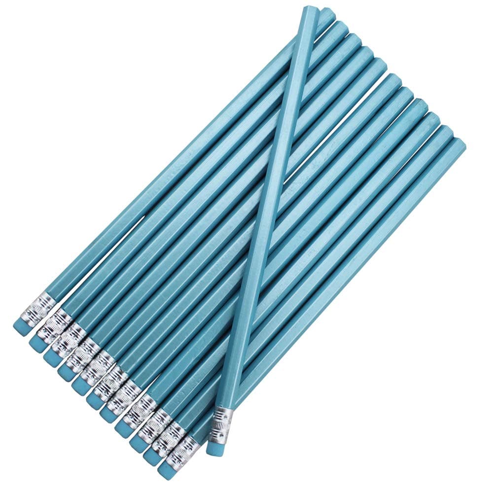 Blank Pencils Bulk – Hexagon Pencils – Pearl Blue Barrel and Blue Eraser – Package of 10 - Non-Personalized - 2HB Black Lead - School - Office - Blanks - Non-smear eraser