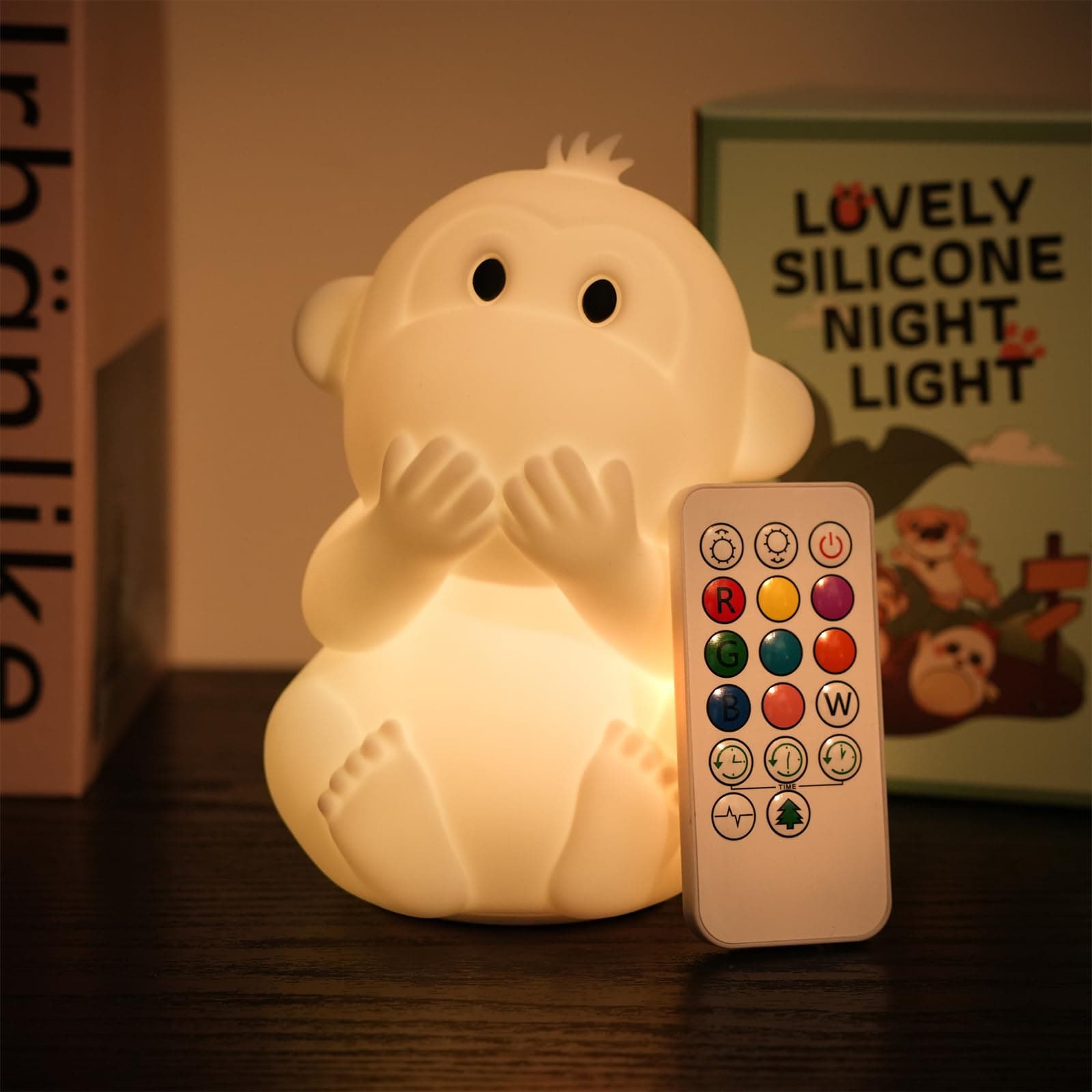 Monkey Night Light for Kids, Remote & Tap Control, Color Change, 15/30/60 Min Timer, Dimmble, USB-C Rechargeable Squishy Night Light, Cute Night Lamp for Boys, Girls (Monkey)