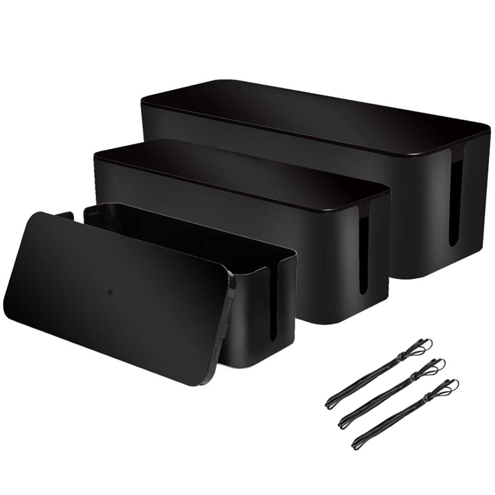 [Set of 3] 3 Cable Management Boxes + 3 Wire Ties, Large Cord Box Organizers to Hold and Hide Power Strip Charger Adapter Power Cord Charging Station USB HUB (Black)