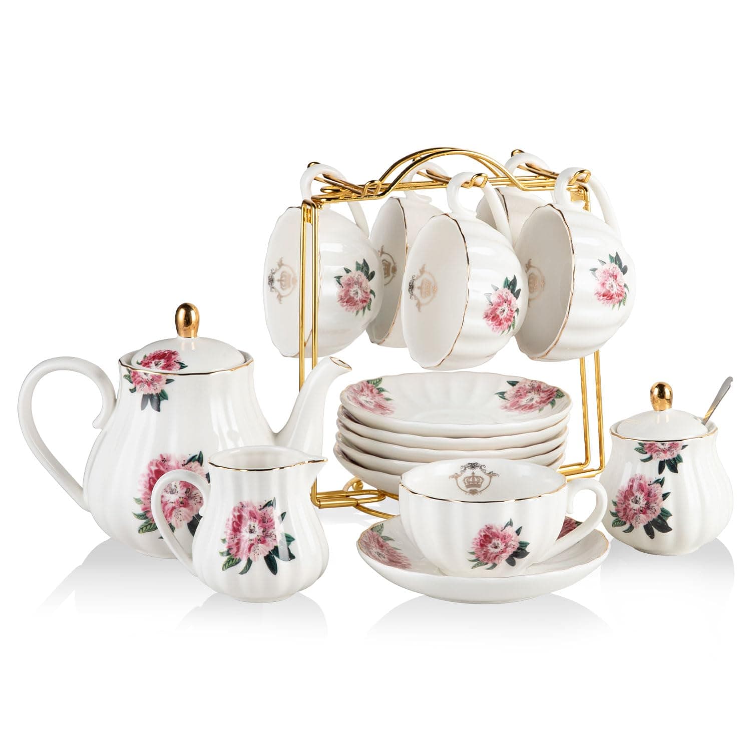 Sweejar Porcelain Tea Sets British Royal Series, 8 OZ Cups & Saucer Service for 6, with Teapot Sugar Bowl Cream Pitcher Teaspoons and Tea Strainer, Suitable for High Tea, Wedding, Party