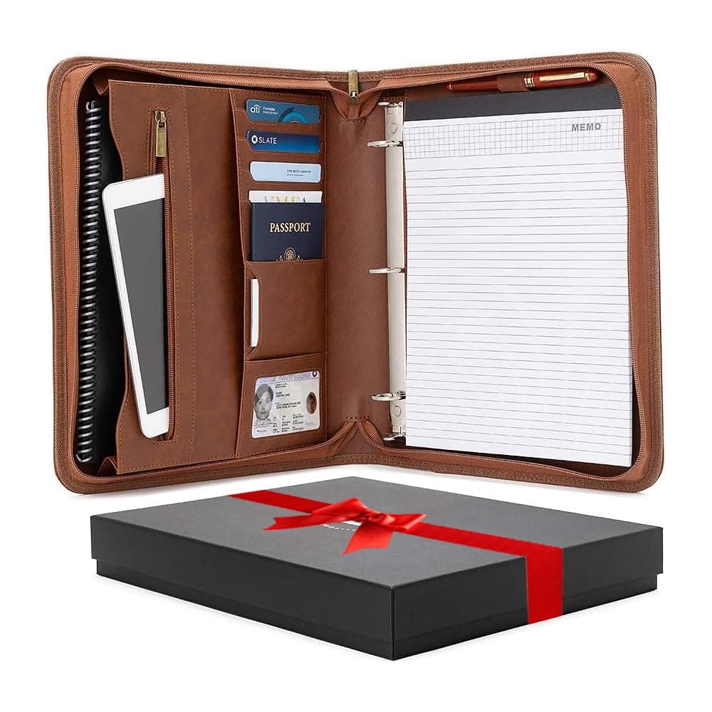 Forevermore Portfolios Padfolio with Zippered Closure, Removable 3 Ring Binder & Bonus Letter Size Writing Pad/Interview & Resume Document Organizer/Notebook & Business Card Holder, Brown