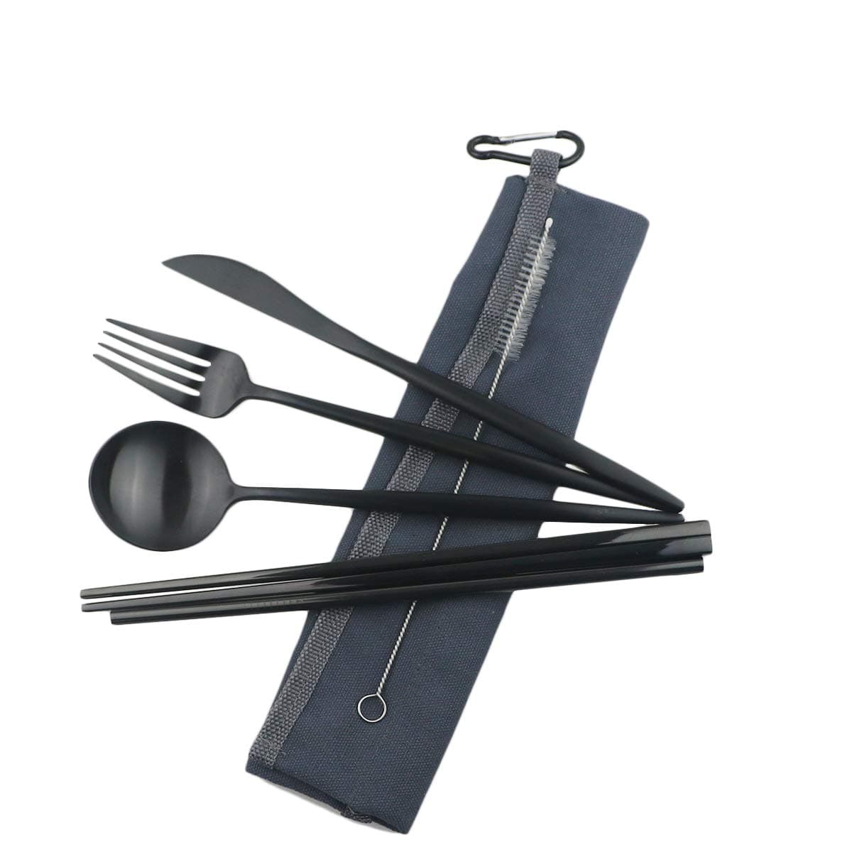 GugridaReusable Travel Utensils, 7 Piece Portable 304 Stainless Steel including Knife Fork Spoon Chopsticks Cleaning Brush Straws Portable Pouch, Eco-friendly Camping Silverware Set, Dishwasher Safe