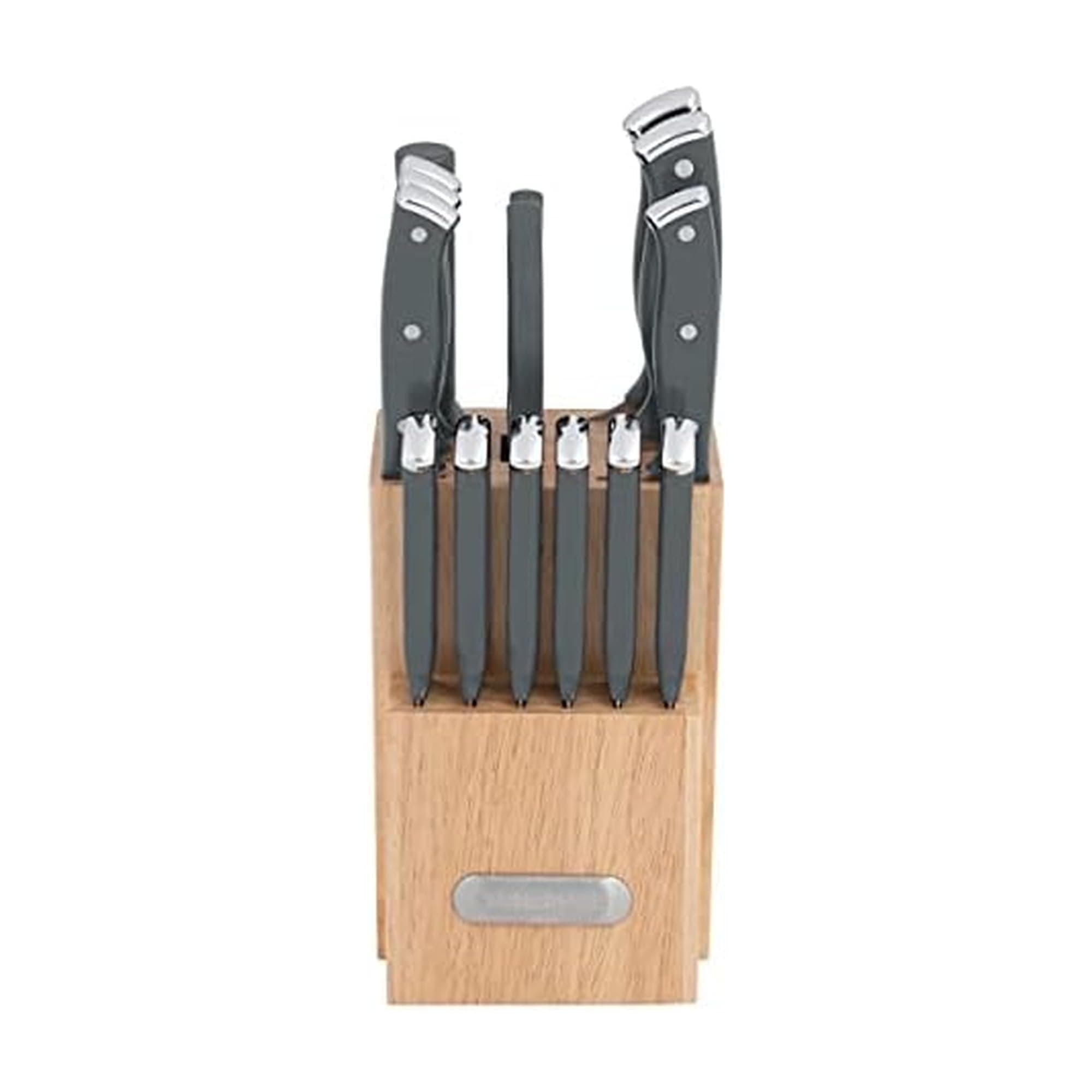 Farberware Triple Riveted Knife Set High-Carbon Stainless Steel Blades, Ergonomic Handles with Silver Accents, Includes Rubber Wood Storage Block, 15 piece, Gray