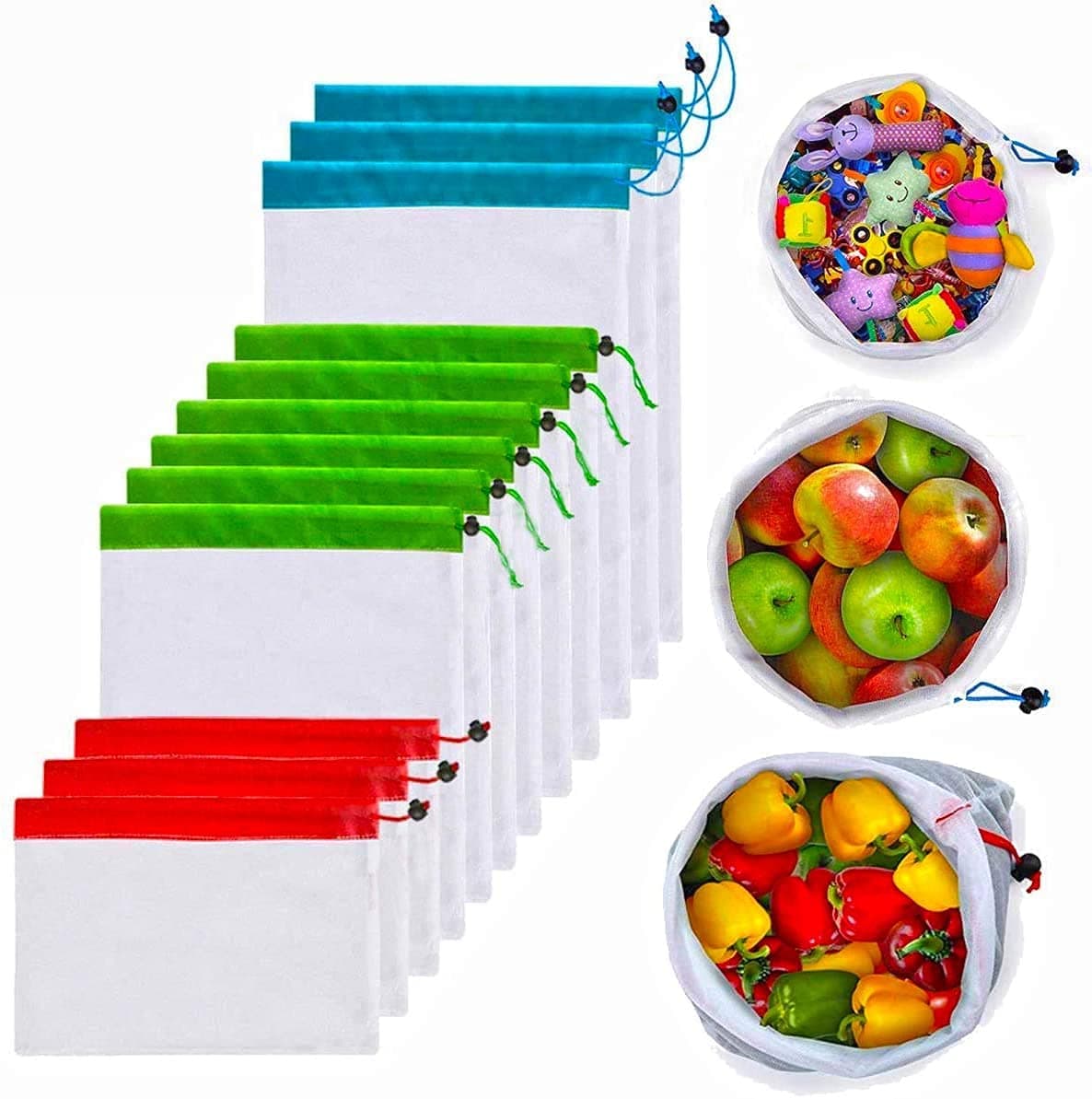 12Pcs Reusable Mesh Produce Bags, Washable Premium Through Lightweight Mesh Bags, Eco Friendly Toy Fruit Vegetable Produce Bags with Drawstrings for Home Shopping Grocery Storage - 3 Various Sizes