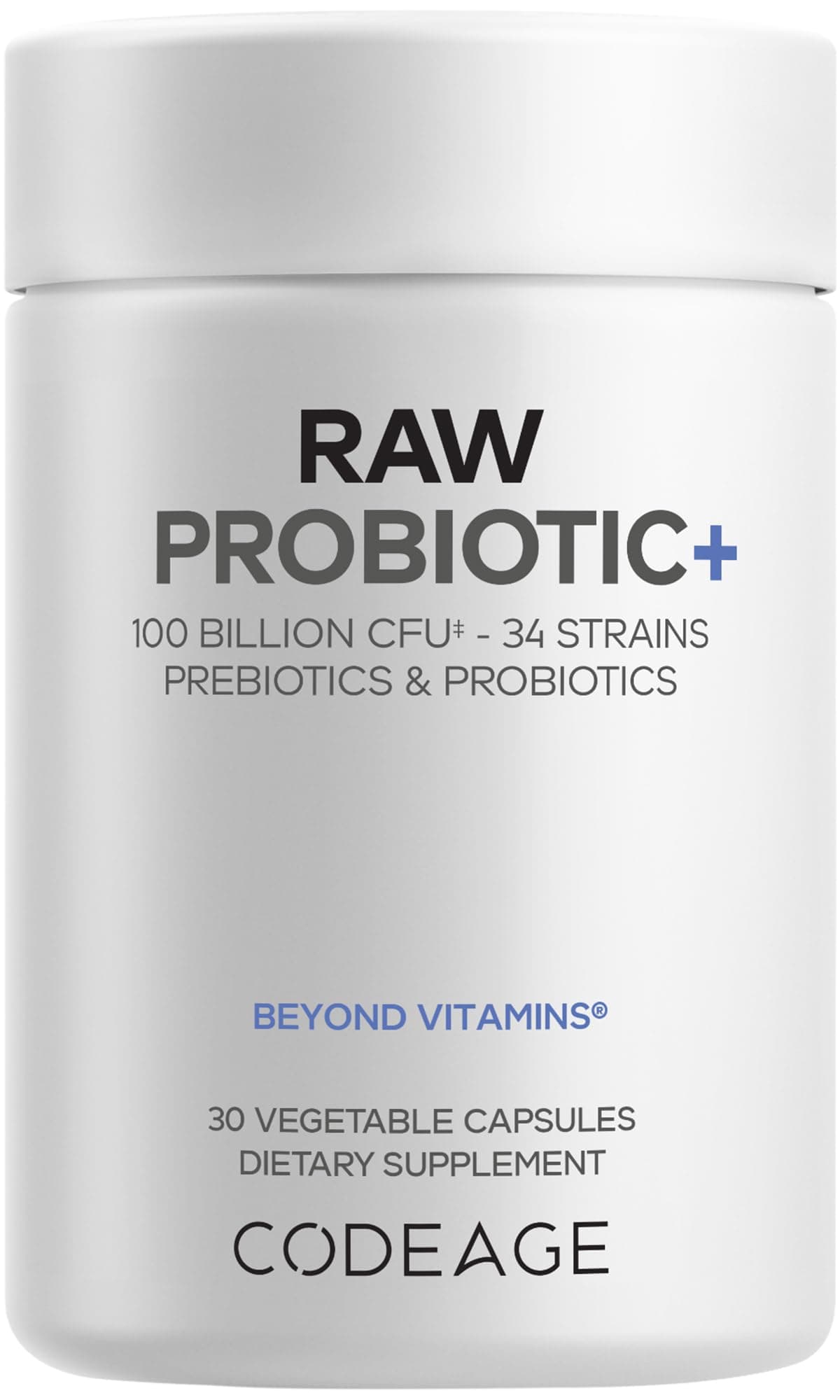 Codeage Raw Probiotic+ Supplement - 34 Probiotic Strains, 100 Billion CFUs, Raw Whole Food Probiotics, Digestive Enzymes, Raw Fruits & Veggies Prebiotics - Wild Kefir Culture - Non-GMO - 30 Capsules