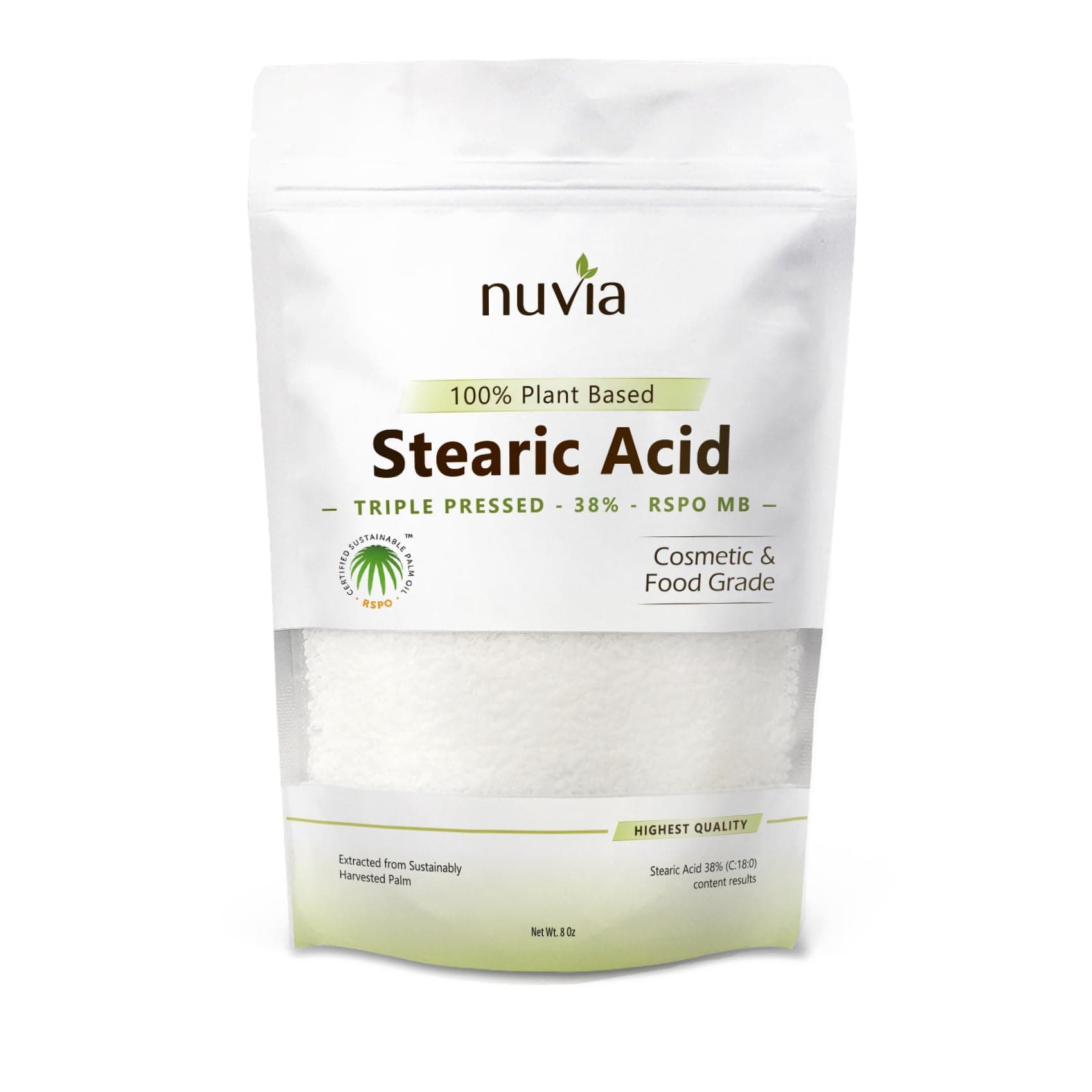 Stearic Acid - 100% Plant Based, Food Grade, Triple Pressed, Certified Sustainable, by Nuvia Organics; 8oz
