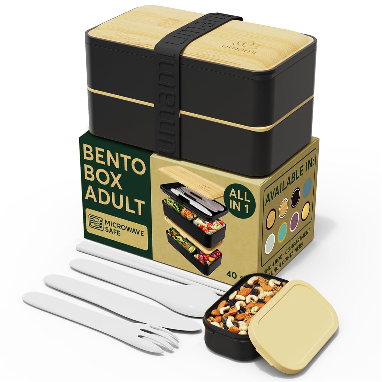 Umami Bento Box Adult All-In-1 w/4 Utensils, Big Sauce Jar, 2 Dividers, 100% Leakproof, Microwave & Dishwasher Safe Stackable Bento Lunch Box Containers for Men/Women, Black & Bamboo, 40 oz