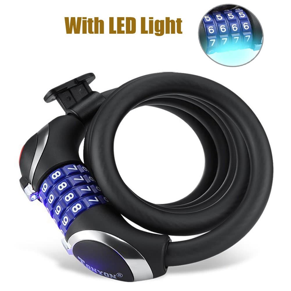TONYON Bicycle lock With LED lights Spiral lock Cable lock Mortice lock combination Best for Bicycle Outdoors
