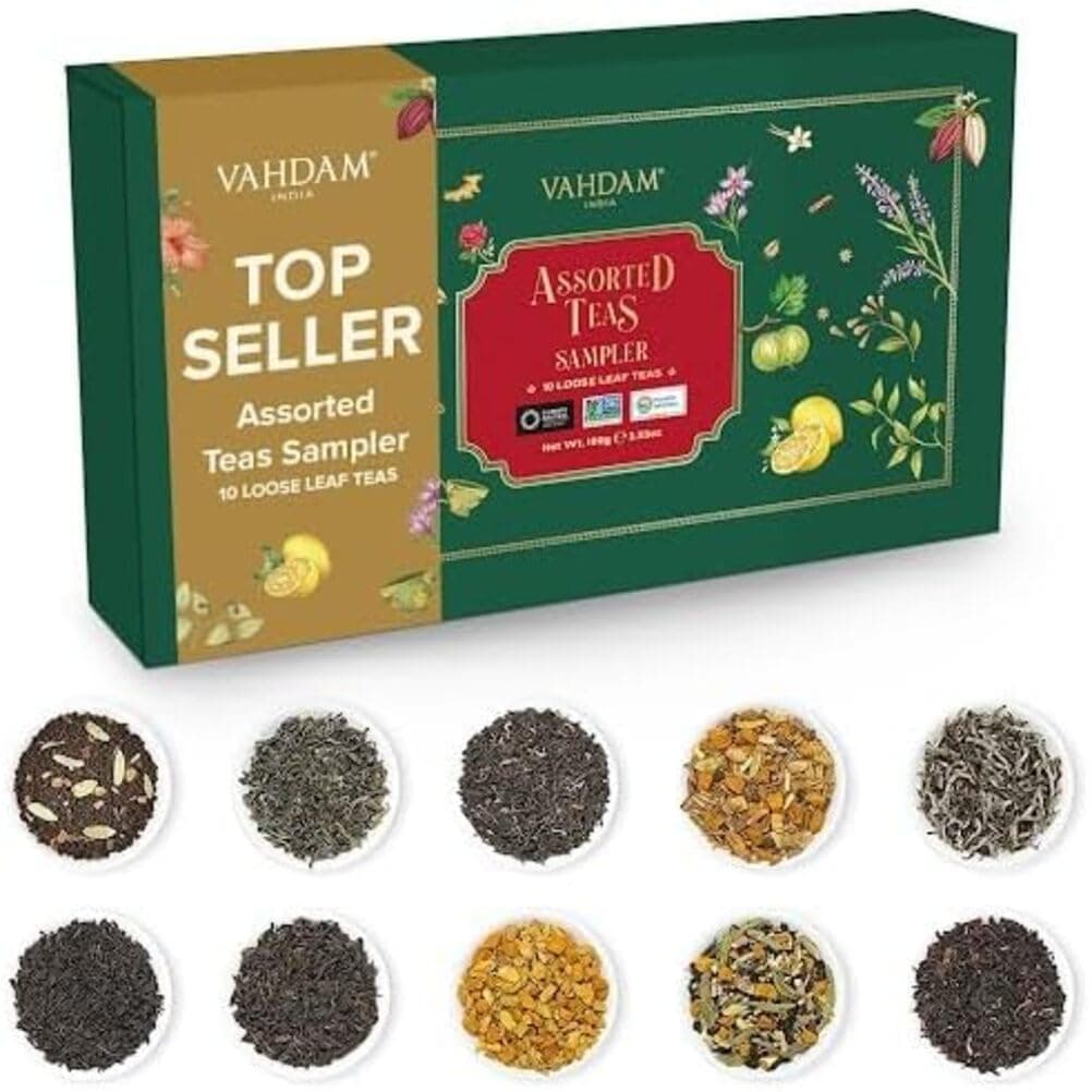 VAHDAM Top 10 Favourites Tea Sampler Set | Loose Leaf Tea (50+ Cups) | Tea Variety Pack with Green, Herbal, Black & Chai Brew | Vacuum Sealed For Freshness | Brew Hot & Cold