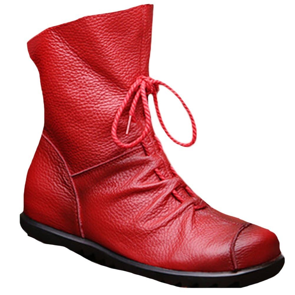Voguees Women's Handmade Leather Inside Heighten Lace Up Boots Style 1 Red UK5/EU38/CH39