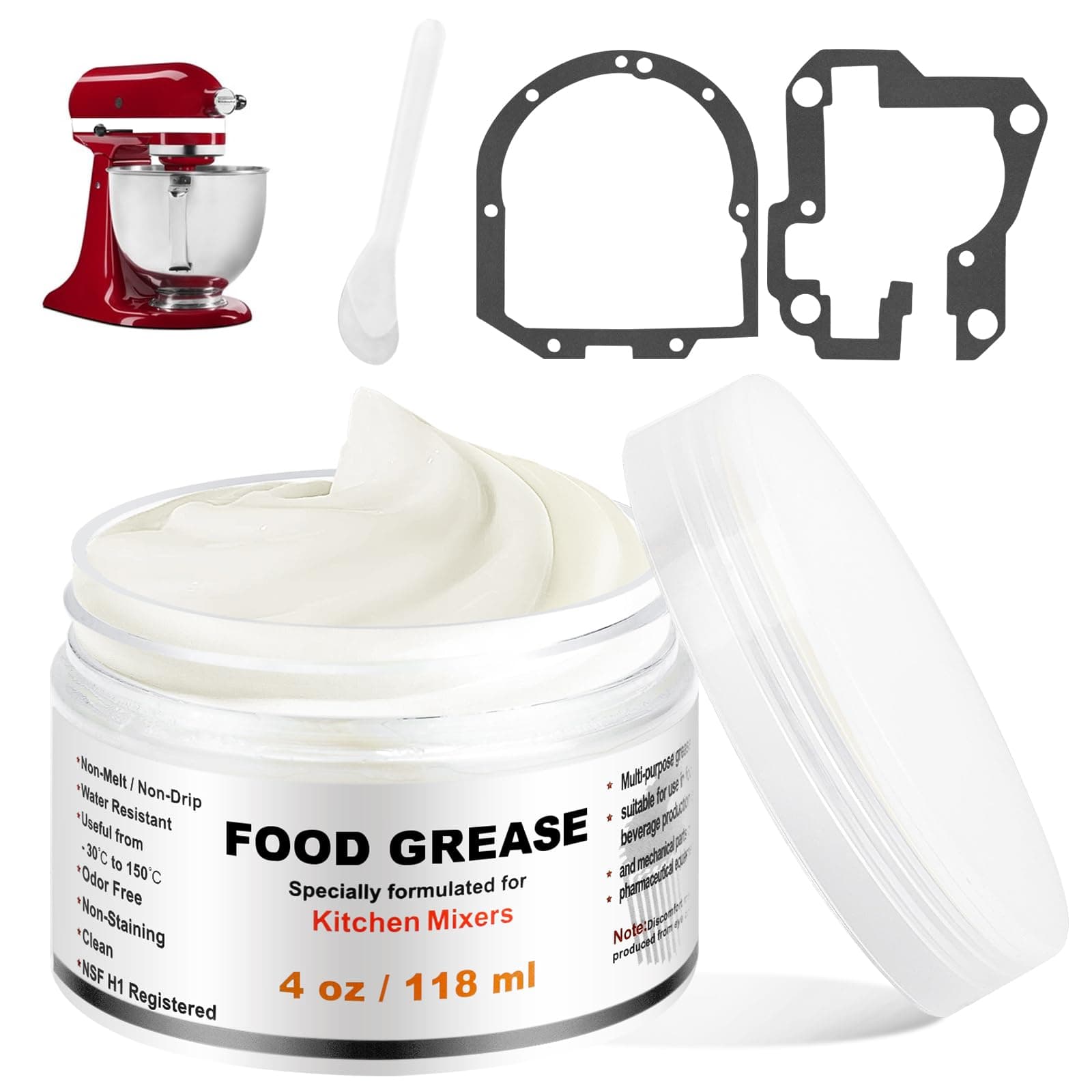 4 Oz Food Grade Grease for Kitchenaid Stand Mixer, Universally Compatible with Kitchen Stand Mixers - Equipped with 9709511 4162324 Gasket and Spatula