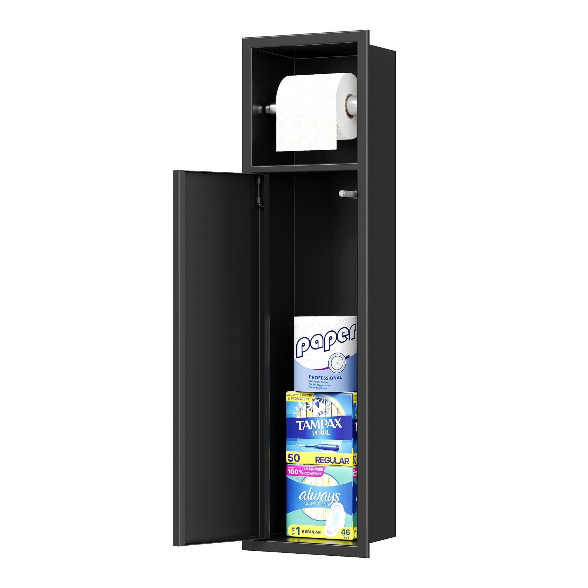 Neodrain Recessed Toilet Paper Holder, Matte Black Toilet Tissue Holder with Storage Cabinet for Toilet Brush Holder, 304 Stainless Steel Wall Bathroom Roll Paper Holder