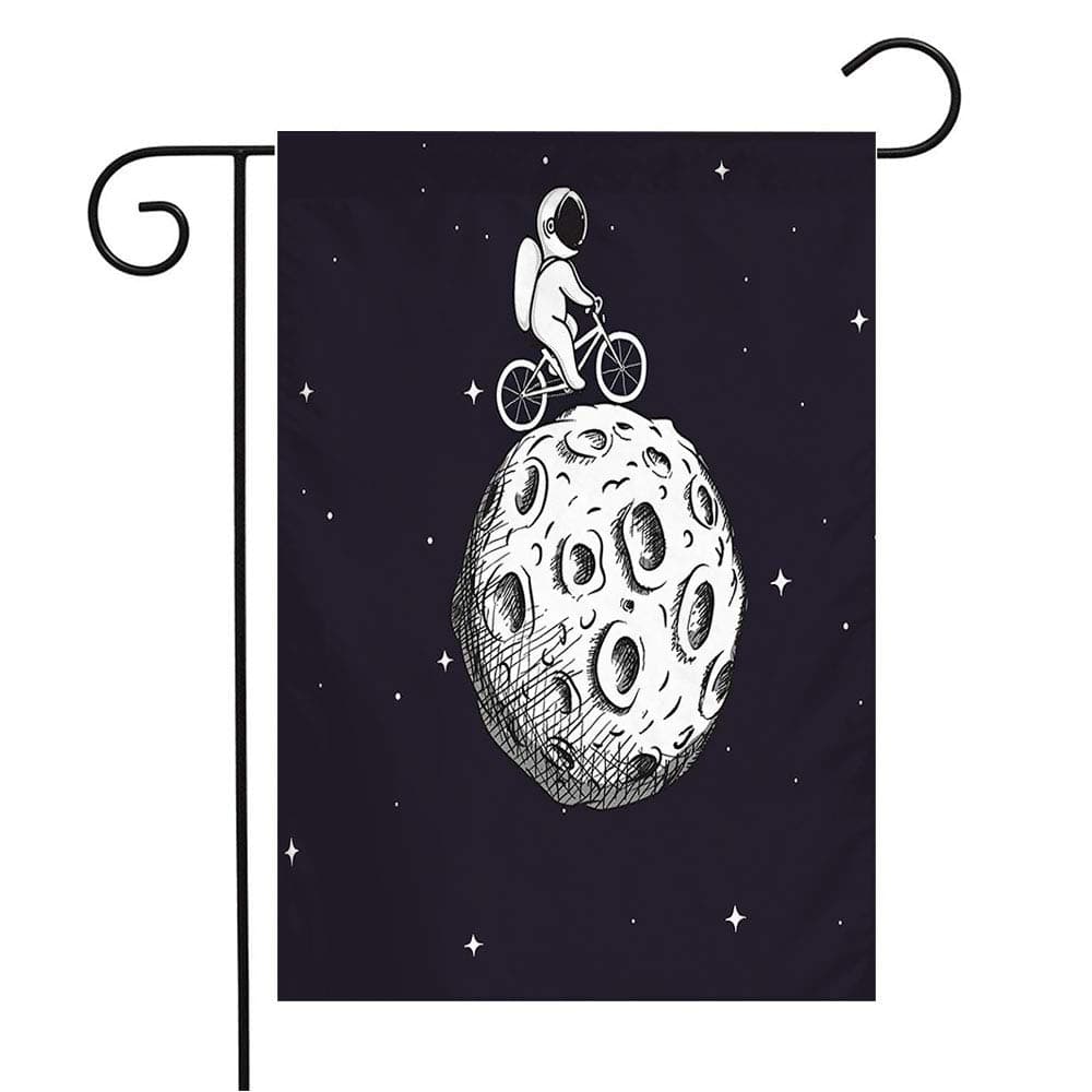 Welcome Garden Flag Moon Vintage Spacewalk Cute Astronaut Rides Scientific Childish Wear On Bicycle Moonprints Science Seasonal Garden Flags for Patio Lawn Outdoor Home Decor Gift 12 X 18 Inch