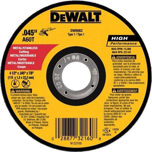 DEWALT DW8062B5 4-1/2-Inch by 0.045-Inch Metal and Stainless Cutting Wheel, 7/8-Inch Arbor, 5-Pack by DEWALT