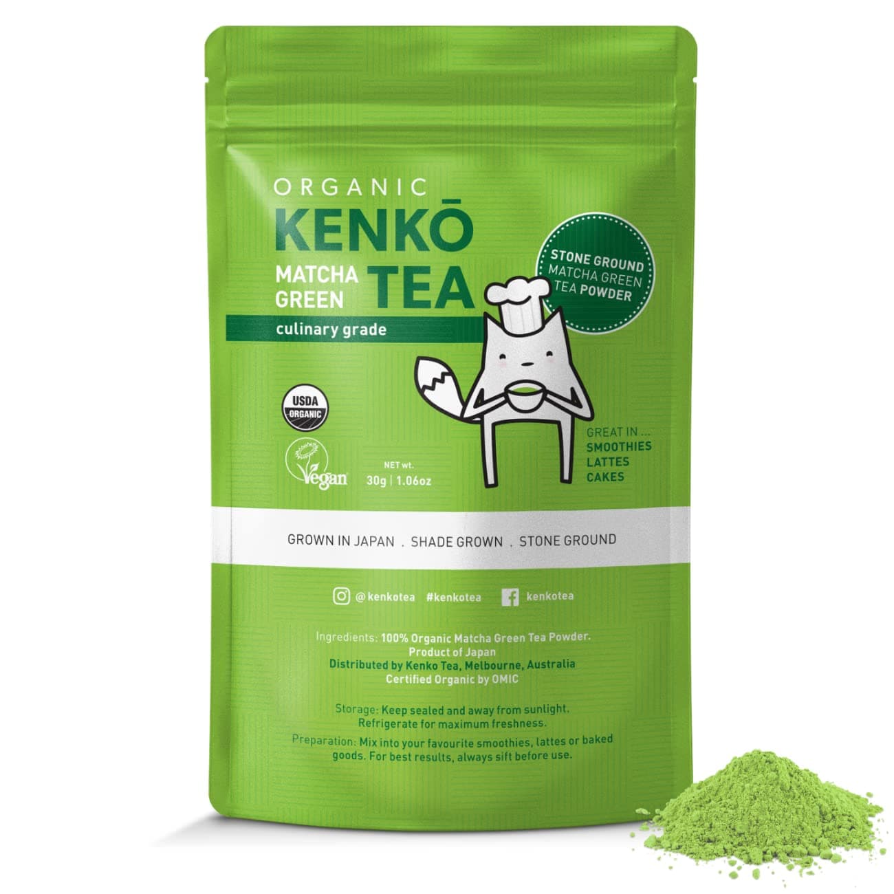 Matcha Green Tea Powder - USDA Organic, Pure & Authentic Japanese Matcha, Second Harvest Culinary Grade Matcha for Green Tea Lattes, Smoothies and Baking. 15 Serves in a 30g bag (1.06oz)