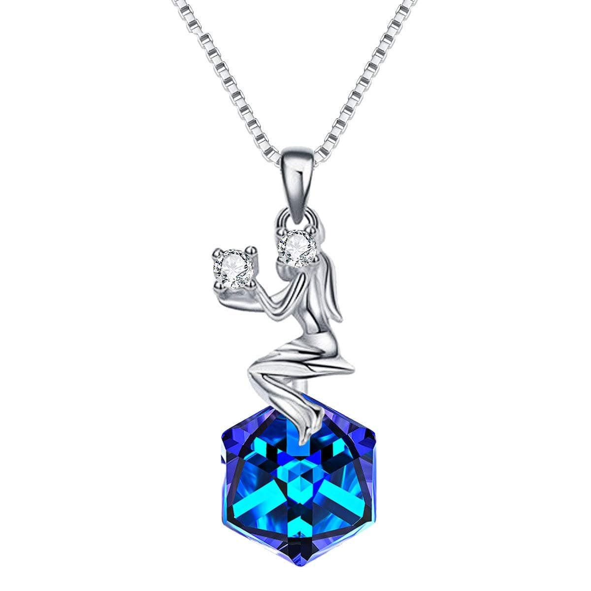 EleQueen 925 Sterling Silver Square Zodiac 12 Constellation Sign Pendant Necklace Blue Made with Austrian Crystals, Valentine's Day/Mother's Day/Christmas Jewelry Gift for Wife/Mom