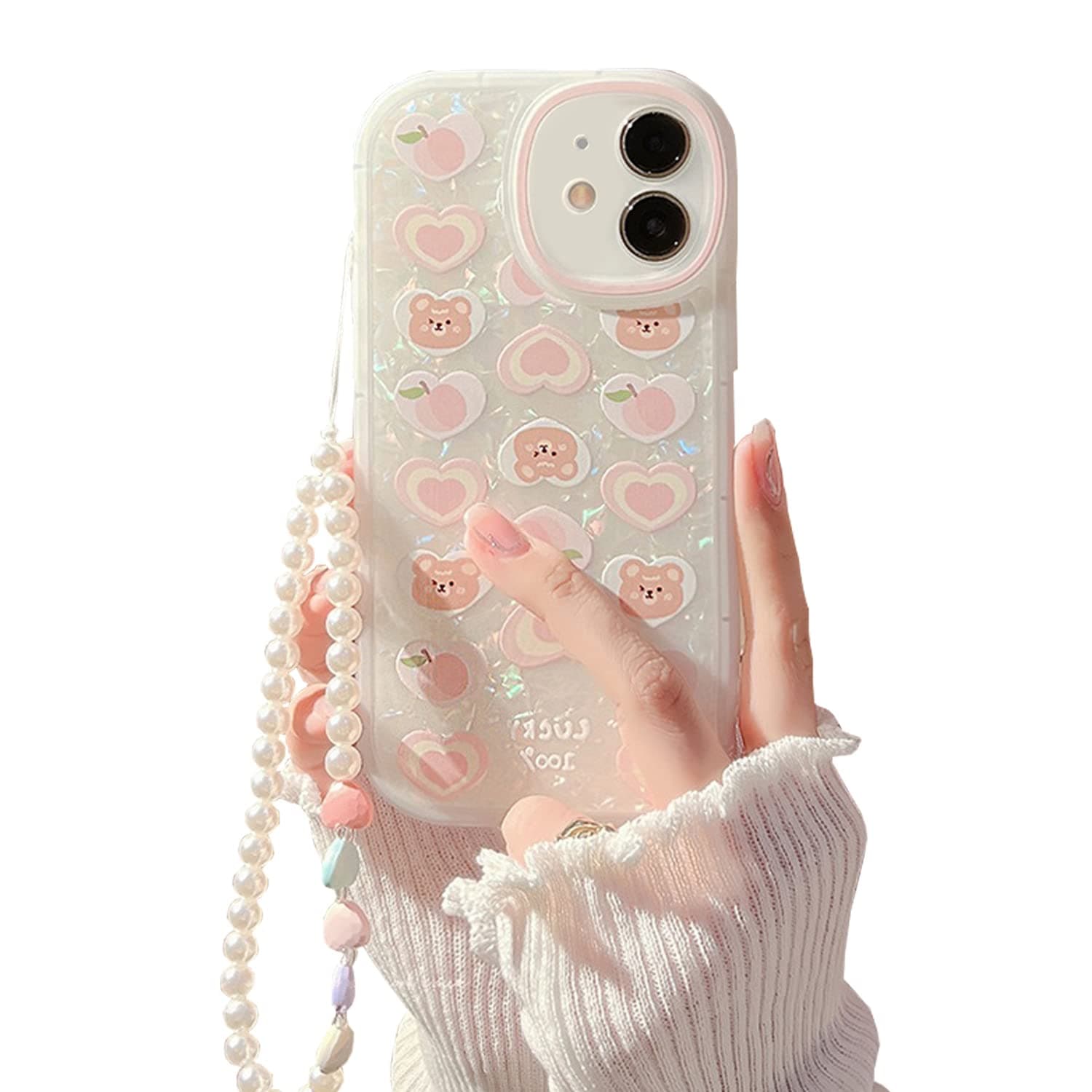 Fycyko Compatible with iPhone 11 Case Cover Cute Women,Bear Love Heart Pattern with Pearl Strap Bracelet Chain Sparkly 11 Phone Case Camera Protect