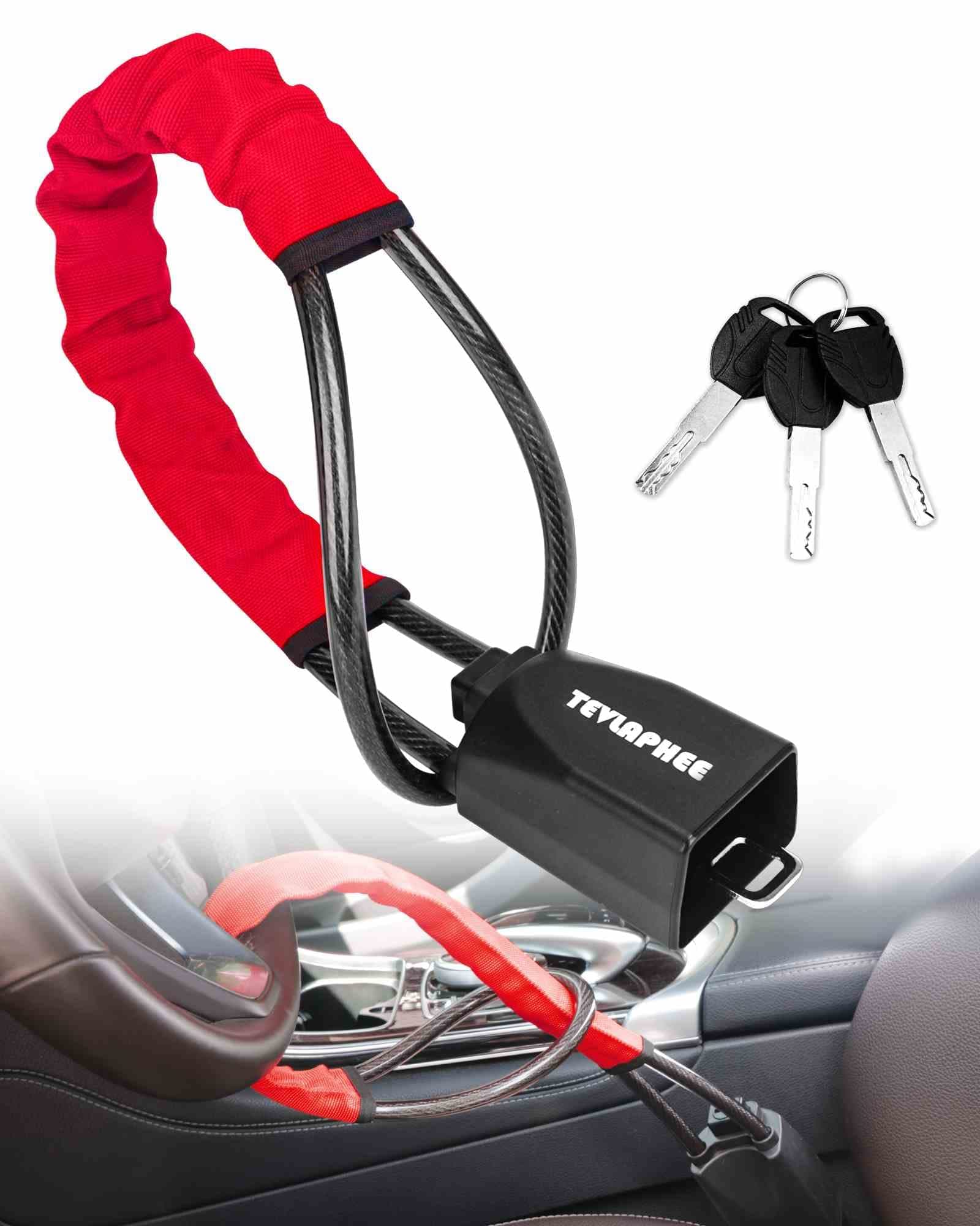 Tevlaphee Steering Wheel Lock Seat Belt Lock Universal Anti Theft Device Car Lock Theft Prevention with 3 Keys for Car Security Fit Most Vehicles Truck SUV Van(Red)