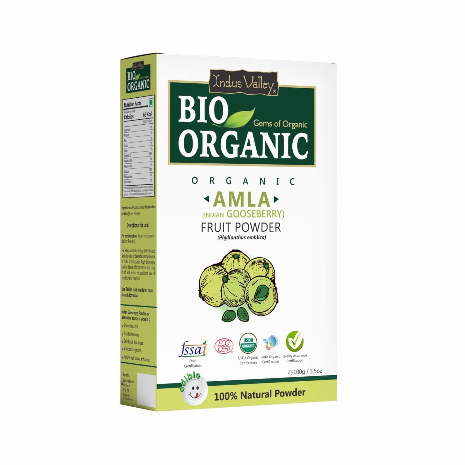 Indus Valley Bio Organic 100% Halal Certified Natural Amla Indian Gooseberry Fruit Powder for Hair Growth, Skin, Drinking and Eating - 100g