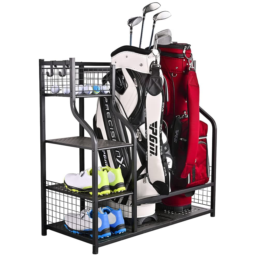 SnailExtra Large Golf Bag Rack Stand Holder - Fits 2 Bags & Accessories, Metal Black Garage Storage
