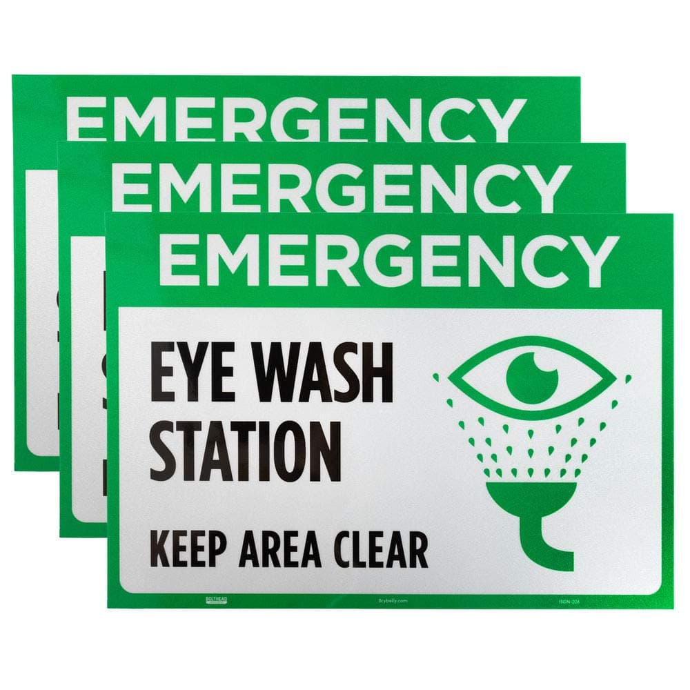 Emergency Eye Wash Station Decal Sign 3-pack - 10" x 7" Stick-on Reflective Sturdy Safety Warning Sign for OSHA Compliance in STEM Science Classroom Area and Chemical Hazard Research Laboratories