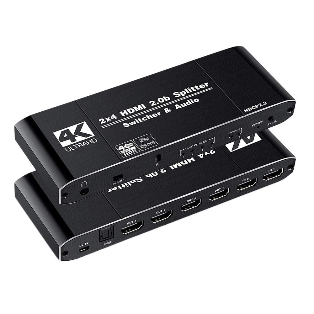 1JUSTLINK 2.0 HDMI Switch Splitter 4K 2x4 2 Input 4 Output Audio and Video Selector Box No External Power Required Support UHD 4K 60Hz1080P 3D for DVD PS3 TV Projector