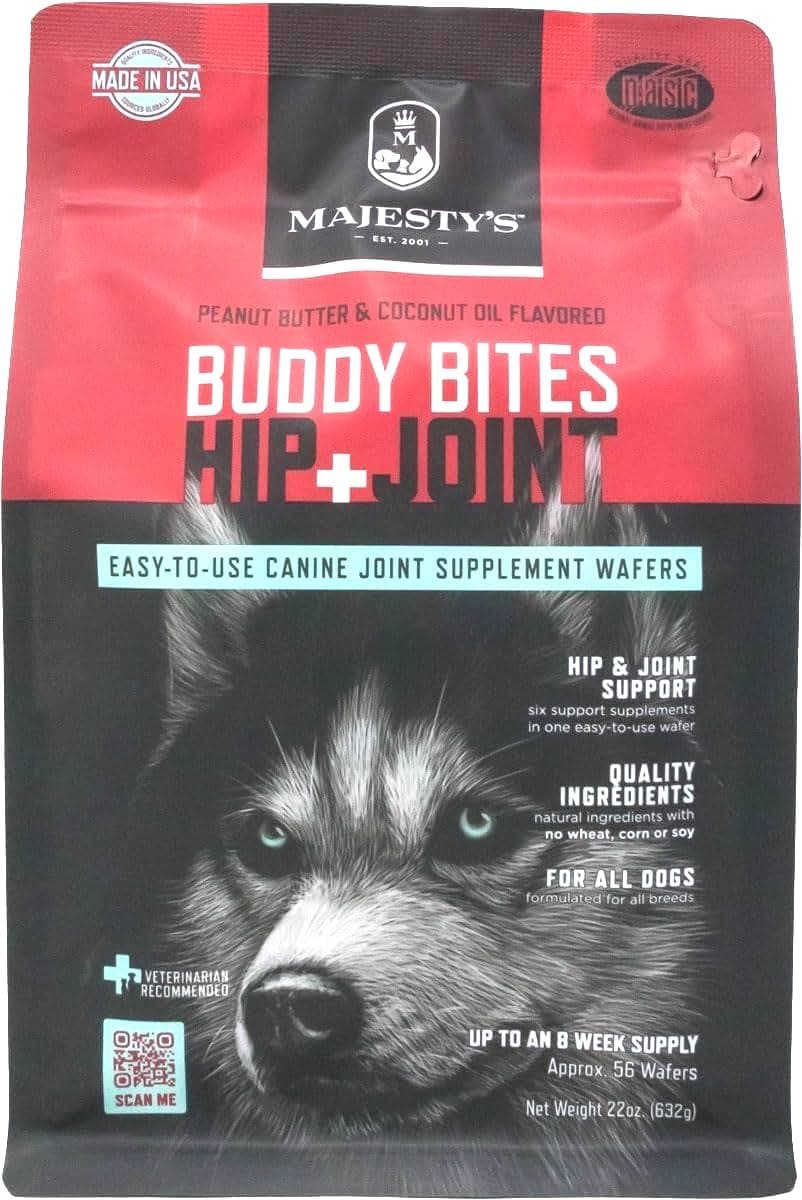 Majesty's Buddy Bites Hip and Joint Wafers for Medium / Large Dogs - Superior Support Supplement - Peanut Butter and Coconut Oil Flavored - 56 Count (Up To 8 Week Supply)