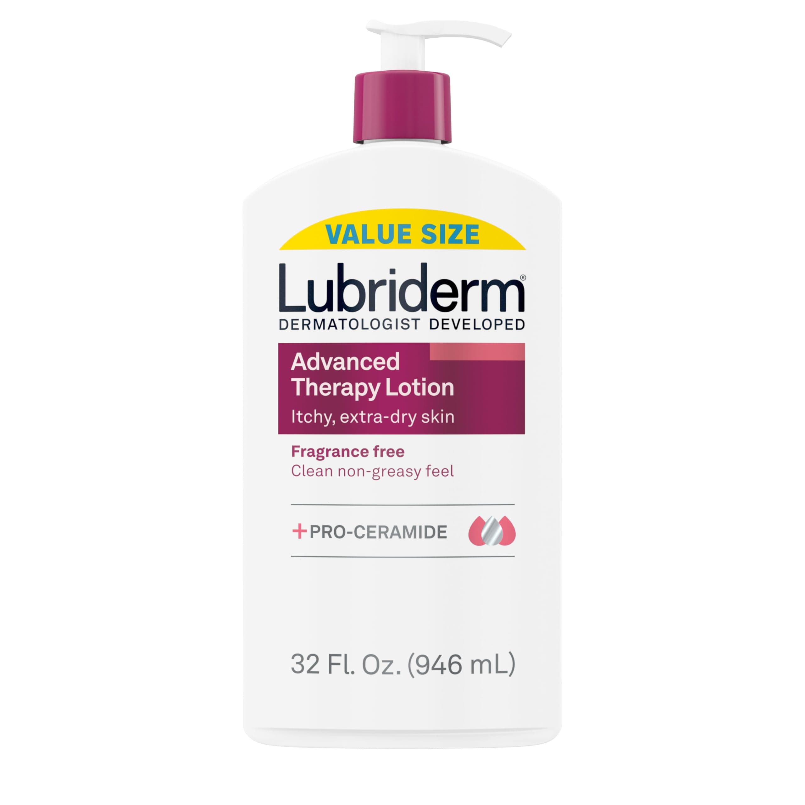Lubriderm Advanced Therapy Fragrance-Free Moisturizing Hand & Body Lotion + Pro-Ceramide, Intense Hydration for Itchy, Extra Dry, & Sensitive Skin, Non-Greasy, Hypoallergenic, 32 fl. oz
