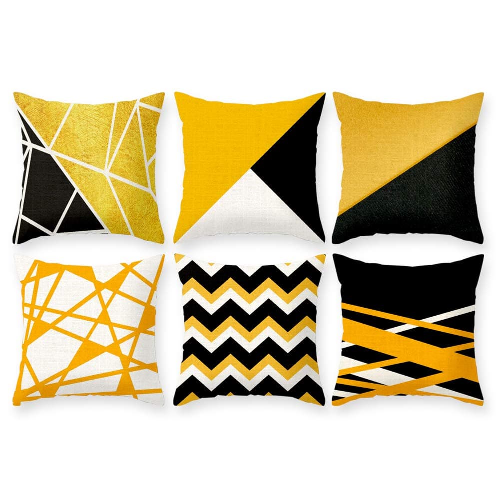 Imandale Decorative Throw Pillow Covers – Yellow Cushion Covers Set of 6 for Home, Office, Dorm Decor 18x18 Inches (Black and Yellow - Line)