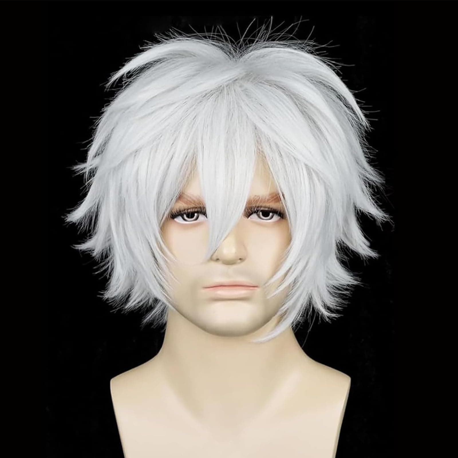 Alacos Women Men Short Fluffy Straight Hair Wig Silver White Wig Synthetic Heat Resistant with Wig Cap