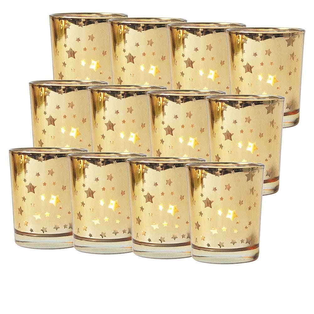 Seloom Gold Star Votive Candle Holder Set of 12, Mercury Bulk Glass Tealight Candle Stands, Perfect for Wedding, Parties, and Home Decor-Tea Light Candles not Included