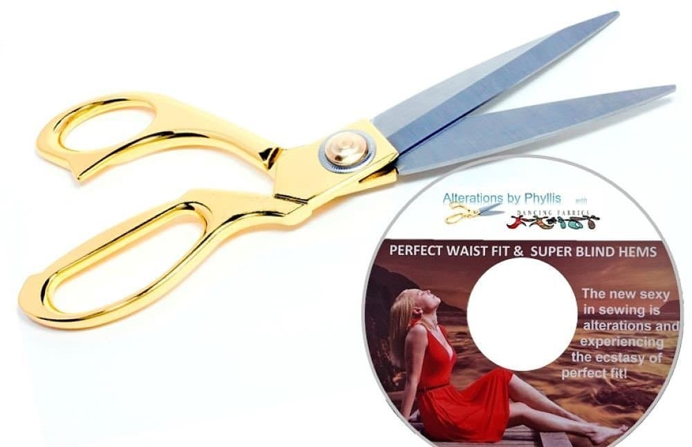 Sewing Scissors Shears For Fabric & Crafts From Dancing Fabrics Gold Handle 8-Inches Plus 6 Easy Alterations How-To Videos DVD Including Learn Secret Hem Stitch On Your Own Home Sewing Machine