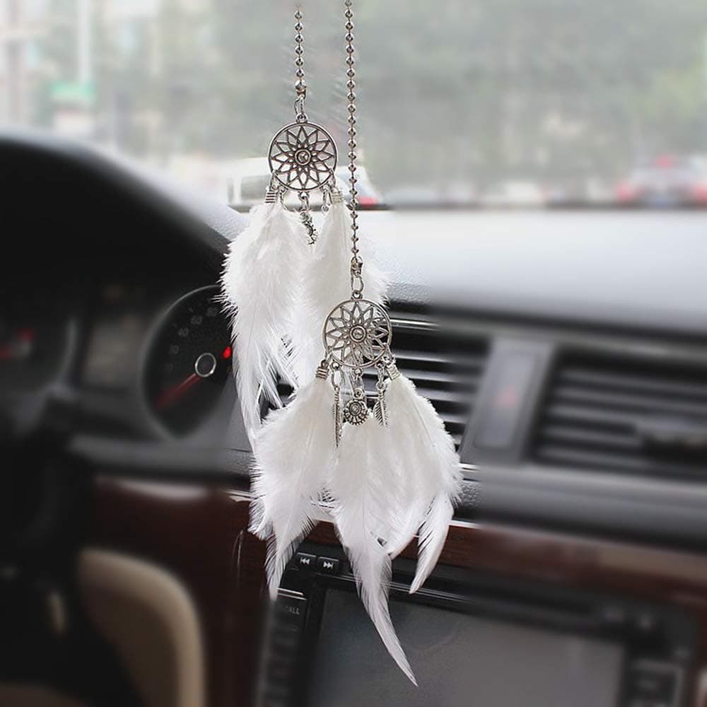 MLOVESIE Car Charm Rear View Mirror Hanging Ornament Feather Home Decor Sweater Chain Necklace (White)