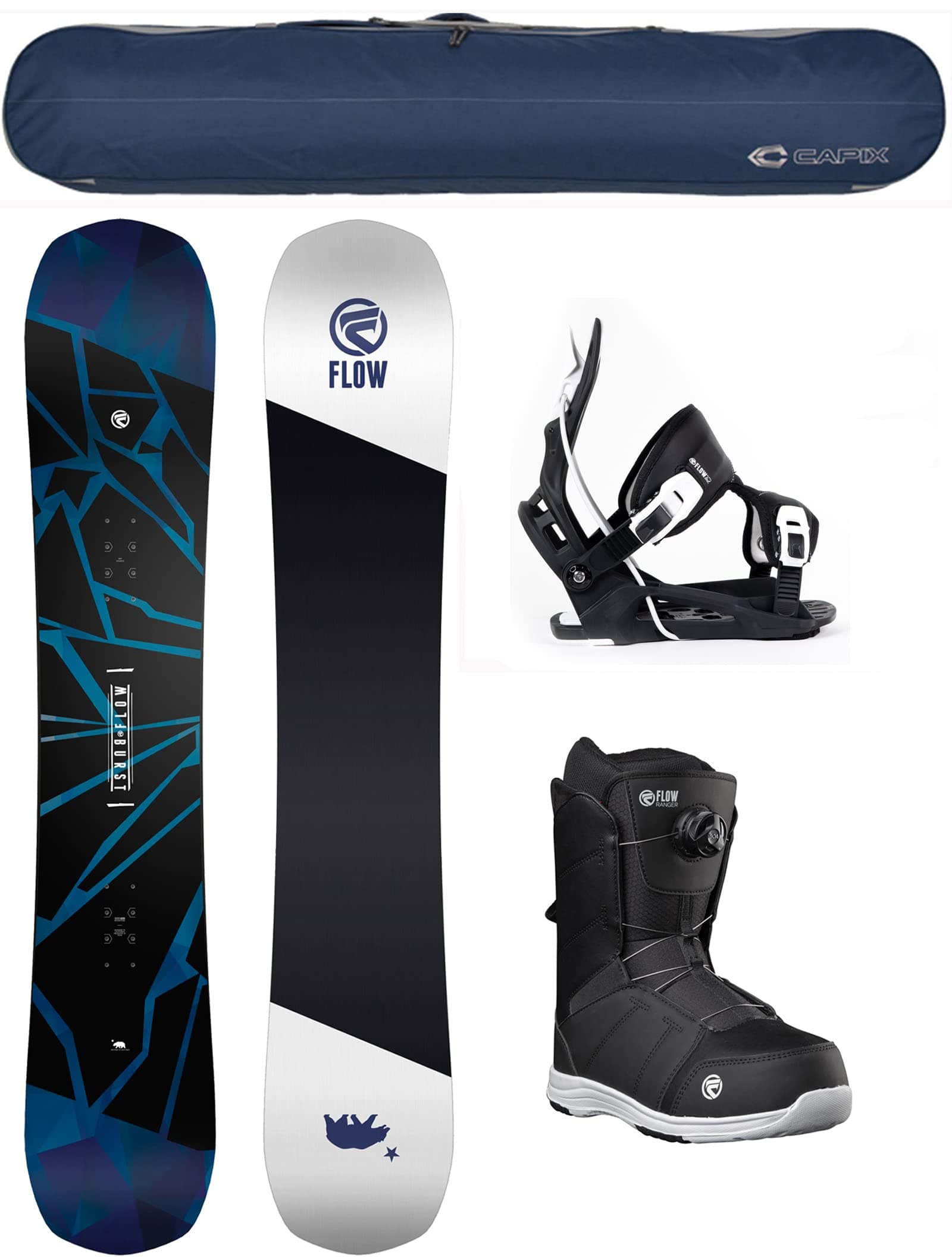 2021 FLOW Men's Burst Wide Snowboard Package Black Alpha Bindings BOA Boots+Bag