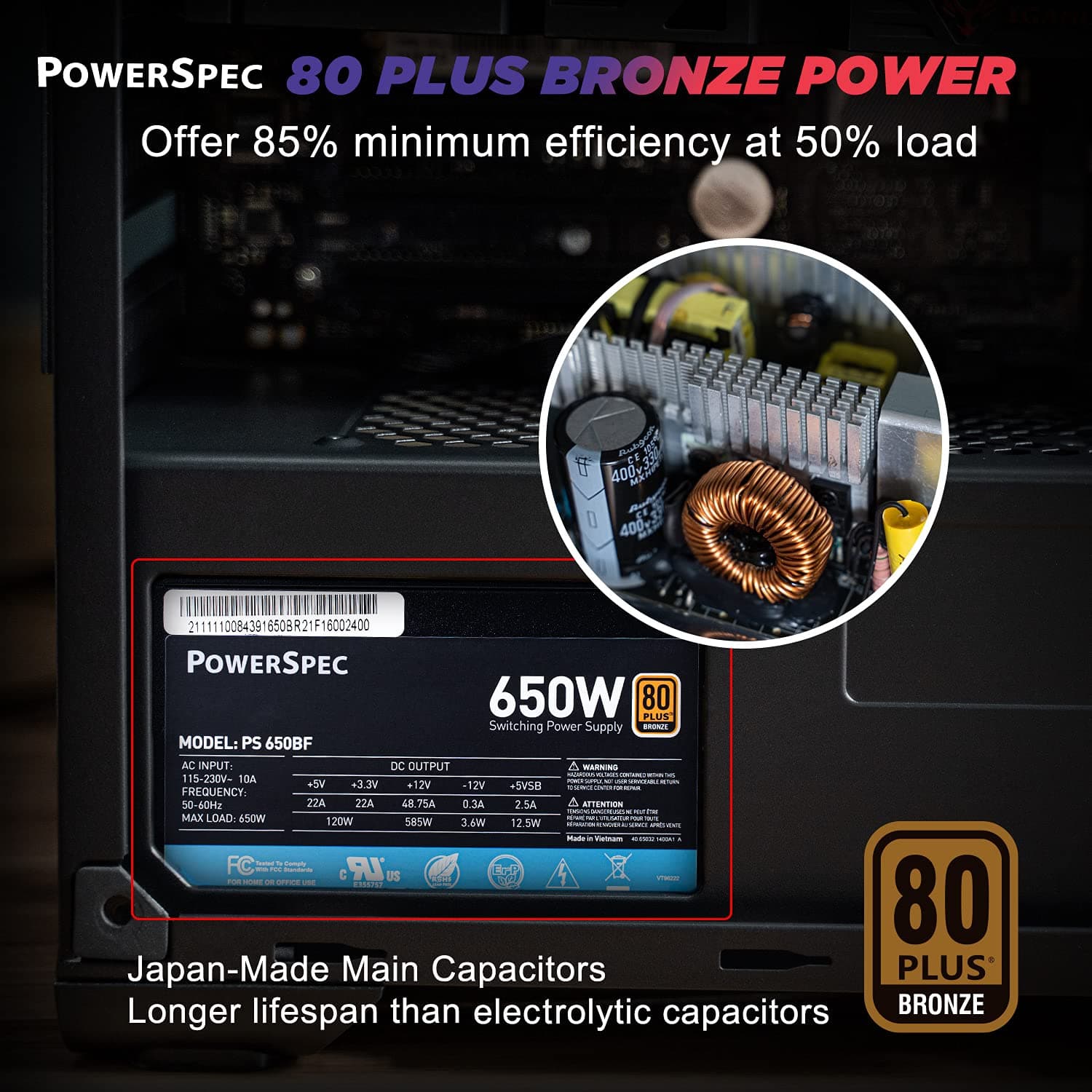 PowerSpec 650W Power Supply 80 Plus Bronze Certified Fixed Cable Non-Modular ATX PSU Active PFC SLI Crossfire Ready Gaming PC Computer Power Supplies, PS 650BF