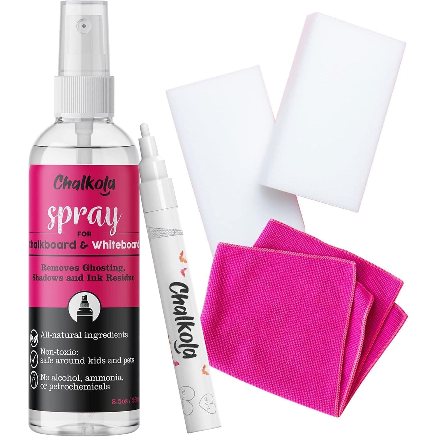 Chalkola Natural Chalkboard Cleaner Spray & Eraser Kit for Liquid Chalk Markers - Suitable for Whiteboard, Blackboard and Dry Erase Boards - Comes with White Chalk Pen