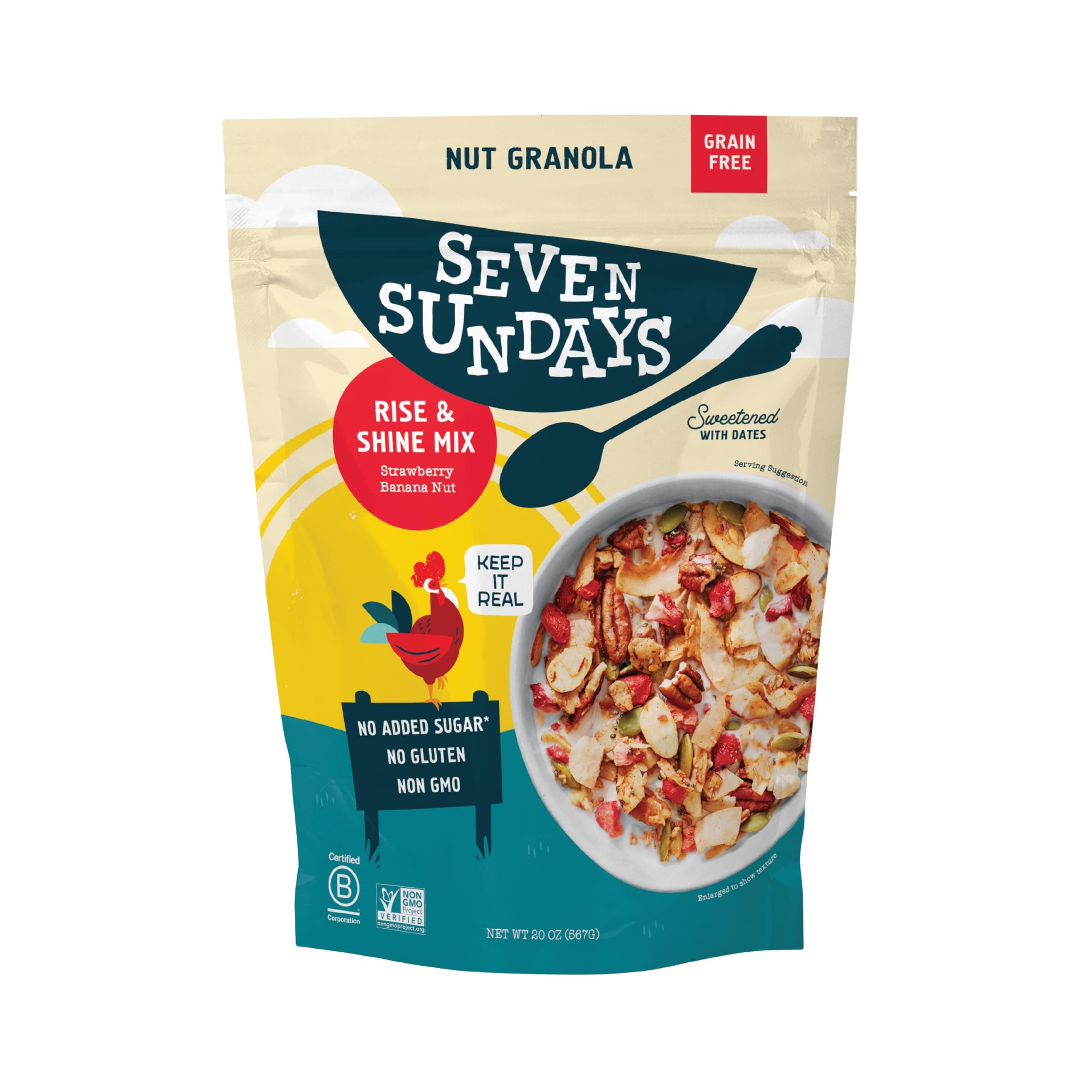 Seven Sundays Nut Granola Cereal, Rise & Shine Strawberry Banana Nut, 20 Oz Bag, Grain & Gluten Free, 5g Protein, 5g Net Carbs, Keto Friendly