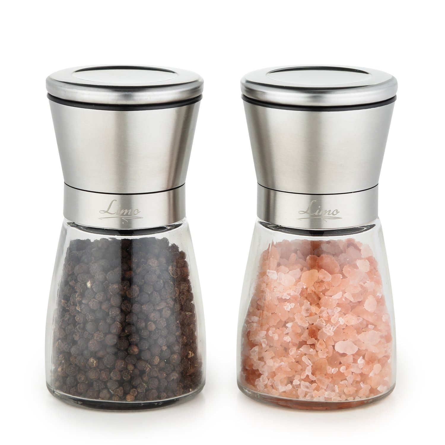 LUXURY Salt And Pepper Grinder Kitchen Set - Stainless Steel Pepper and Salt Mill - with glass body and adjustable ceramic rotor mechanism, combo set, create the best seasoning for your food - by Limo